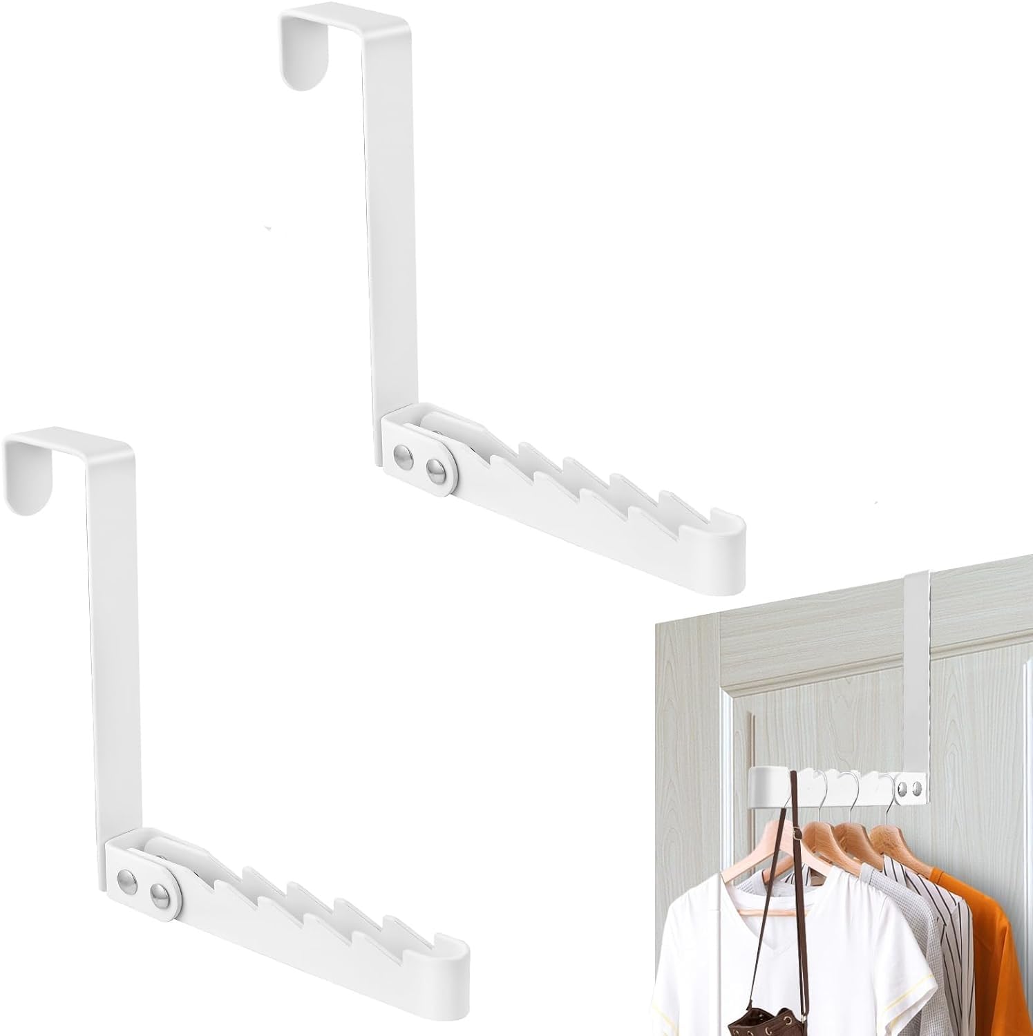 Odluzy Over the Door Hooks Hanger, Collapsible Folding Over the Door Organizer Rack, Space Saving Hanging Storage Hanger for Clothes, Coats, Towels for Bedroom Bathroom (White, 2 Pack)