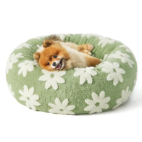 LE SURE Shown on TV Small Dog and Cat Bed - Round Calming Beds as Present for Pets, Cute Modern Home Decor with Jacquard Shaggy Plush & Anti-Slip Bottom, 23 Inch, Green