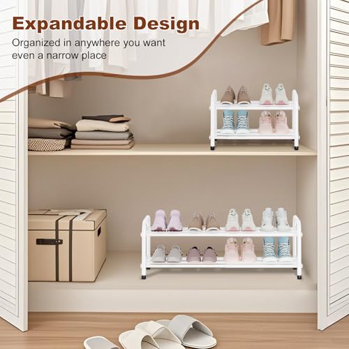 Image of KANAV 2-Tier Expandable Shoe Rack, Heavy Duty Adjustable Metal Shoe Organizer for Closet & Entryway, Freestanding, Tool-Free Assembly, White