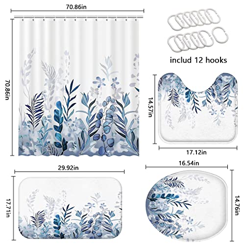 Leopinky 4Pcs Shower Curtain Set, Plant Bathroom Sets With Shower Curtain And Rugs, Botanical Nature Leaf Bath Curtain Set With 12 Hooks For Bathroom (71" X 71", Blue) #TOP1