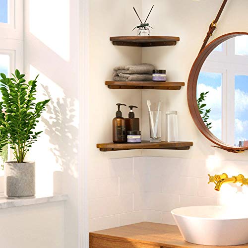 Image of Corner Shelves, Floating Corner Shelf, Set of 3 Solid Oak Wood Corner Wall Shelves, Round End with Wire Hole Shelving for Small Plant for Bedroom Kitchen, Living Room (Size 9 /10 /12in)