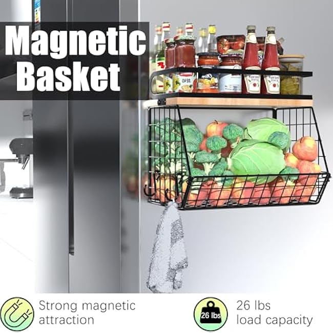 Magnetic Spice Rack for Refrigerator, Fruit, Potato & Onion Storage Bin,Large Capacity Magnetic Shelves for Side of Refrigerator, Kitchen Organizers and Storage Countertop,1 Pack Black