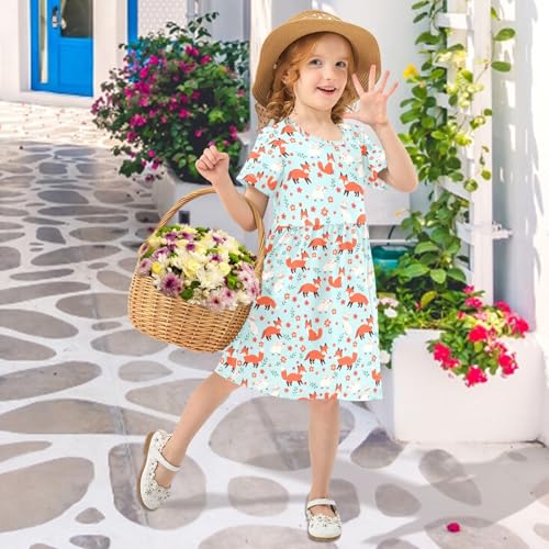 Fox Pattern Girls Short Sleeve Dress Casual A Line Twirly Skater Dresses4