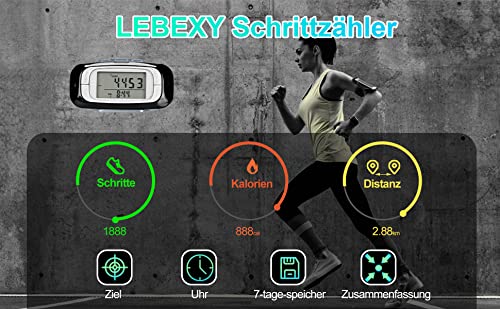 LEBEXY Schrittzähler Clip Einfache Pedometer Fitness Tracker Bedienung Testsieger Schritt/Distanz/Kalorien/Zähler Counter, Ohne Bluetooth/App/Handy, 3D Schrittzähler mit großem Display