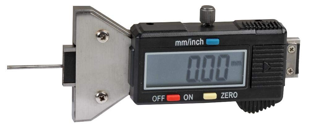 Medidor de profundidad digital de 0 a 25 mm, tipo de instrumento, rango de medición máximo 25,4 mm, resolución 0,01 mm, profundidad externa 15 mm, ancho externo 45 mm, graduaciones 1 mm, medición de