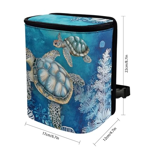 Image of Talayituse Turtle Water Plants Print Car Trash Can with Adjustable Straps, Zip Closure Car Trash Bag Bin Auto Garbage Bag Multipurpose Storage Box for Vehicle Travel Camping Picnicing