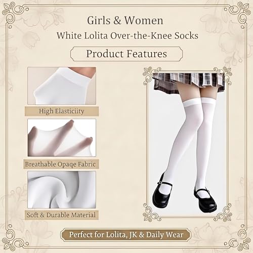 Image of Women's White Thigh High Socks - Opaque Over the Knee High Stockings with Anti-Slip Silicone Band, Soft Velvet Elastic Long Socks for Lolita, Cosplay & Daily Wear