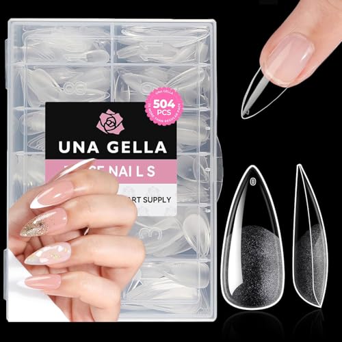 Image of UNA GELLA Medium Stiletto Nails Tips,504Pcs Press-on Nails Stiletto Clear Gel Nail Tips, Full Cover Pre-Etched Fake Acrylic Nails, Sturdy for Nail Extensions Home Art Salon 12 Sizes