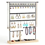 Dhmkfly Jewelry Organizer, 7-Tier Earring Holder Display with 84 Holes, Metal Jewelry Tower Stand with Wood Basic stand, Necklace Storage Tray for Ring,Earrings,Ear Stud,Bracelets Room Decor Black
