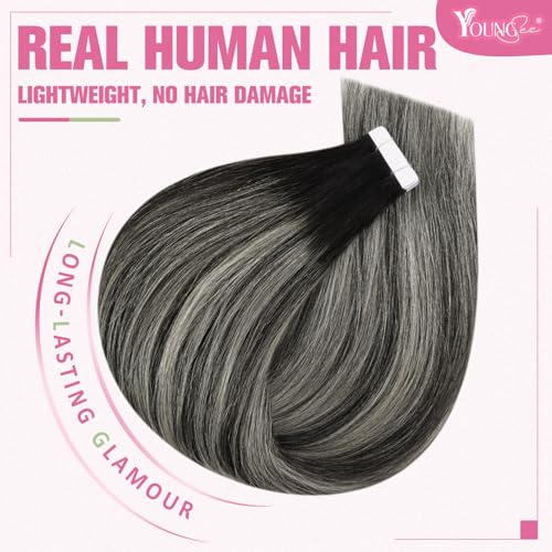 Image of YoungSee 20inch Tape in Silver Hair Extensions Balayage Black to 50g 20pcs Real Ombre 1.7637 Ounce