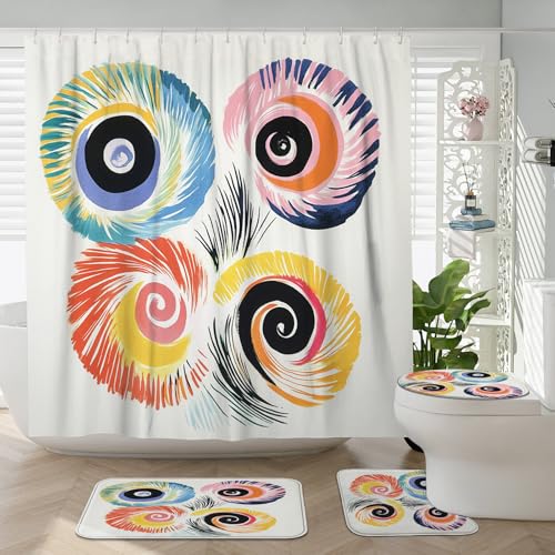 DESIHOM 4PCS Cartoon Coastal Nautilus Shower Curtain Sets with Non-Slip Rug, U Shape and Toilet Lid Cover Mat, Funny Seashell Kid Home Decor, Bathroom Accessory with 12 Hooks