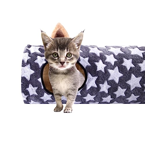 Image of Cat Tunnel -Straight-Shaped, Gray Star Pattern, Soft Velvet Exterior, Oxford Fabric Fog-Proof Interior, Plush Toy Ball, Easily Washable, Conveniently Foldable, 47.2in /120cm