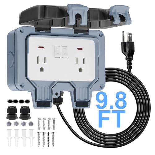 BSEED Outdoor Outlet Box with 9.8ft Extension Cord, Dual 15 AMP 5-15 Receptacle IP66 Waterproof...