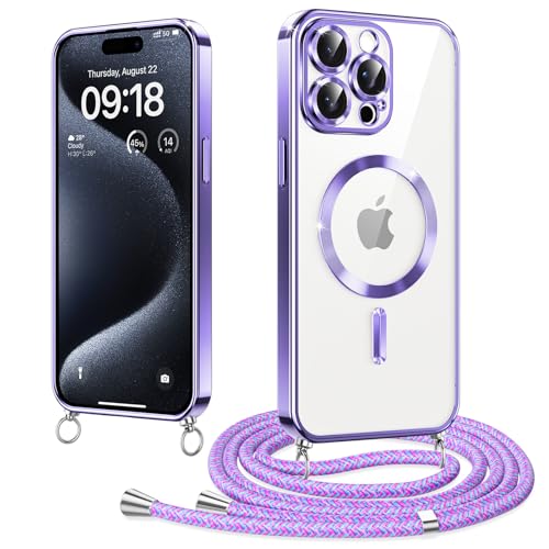 Elettrolitico Magnetica Cover con Cordino per iPhone 15 Pro 6.1 Compatibile con Magsafe Ricarica Antiurto AntiGraffio con Collana Regolabile Case per 15 Pro wireless tpu viola