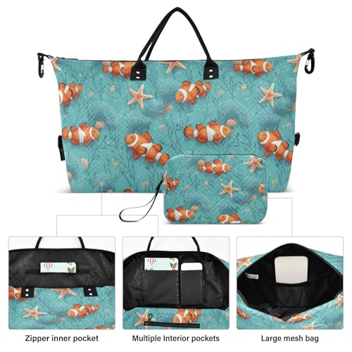 Clownfish Starfish Blue Coral Reef Large Travel Duffle Bag Weekender Overnight Bags Gym Yoga Bag for Women Men with Toiletry Bag2