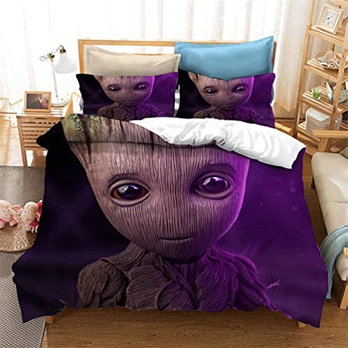 Agmdno Groot Parure de lit 3D pour enfant Avengers Marvel en microfibre, housse de couette et taie d'oreiller, parure de lit garçon (135 x 200 cm + 80 x 80 cm)