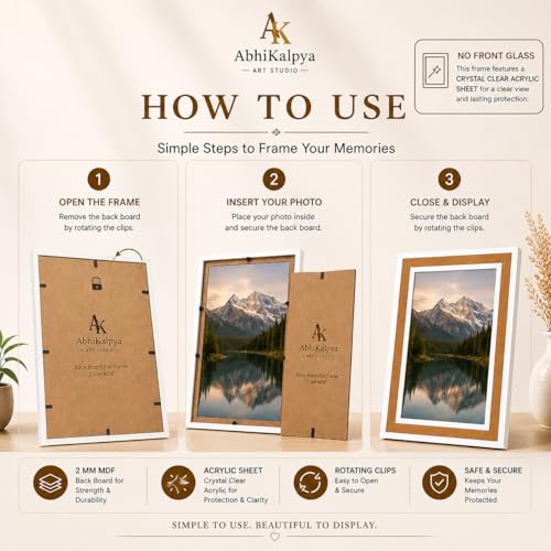 Image of AbhiKalpya Art Studio A3 Photo Frame 12x16 Inch Premium Brown Frame with White Border with Acrylic Front Wall Hanging Frame for Artwork, Posters, Paintings & Photos (Set of 1)