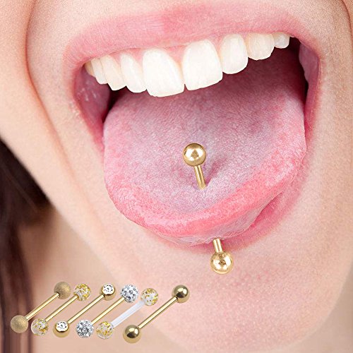 CrazyPiercing 12Pcs Stainless Steel Tongue Ring Barbell Retainer Body Piercing Jewelry 14G3