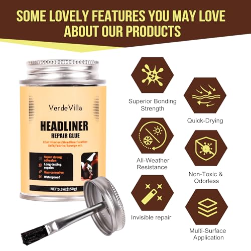 Headliner Repair Glue, Car Headliner Adhesive with Brush, Car Roof Liner Fabric Adhesive, Upholstery Glue for Cars,Headliner Repair Kit, Suitable for Automotive interiors, Fabric, Leather