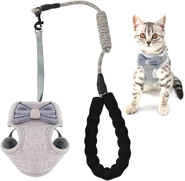 Cat Harness and Lead Set Escape Proof, Adjustable Soft Kittens Vest Strip, Vest Harness Breathable Mesh,With 45 inch Leash,Cute Bow Design, for 2.5kg - 10kg Small Medium Cats (Gray)