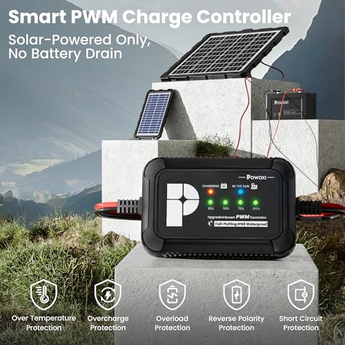 Image of POWOXI-Upgraded-20W-Solar-Battery-Charger-Maintainer, External Smart 3-Stages PWM Charge Controller, 12V Solar Panel Trickle Charging Kit for Car, Motorcycle, Marine, RV, etc
