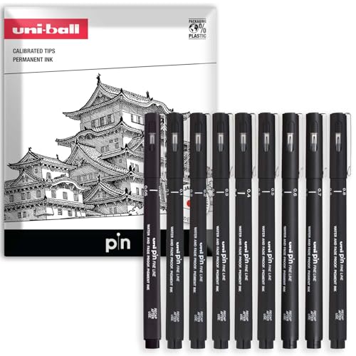 Uni Pin Fineliner Drawing Pen - Complete Set of 9 Grades - Black Ink