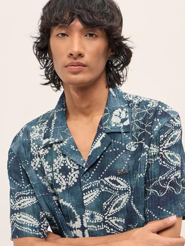 Image of Men's Blue Relaxed Fit Digital Print Woven Casual Shirt