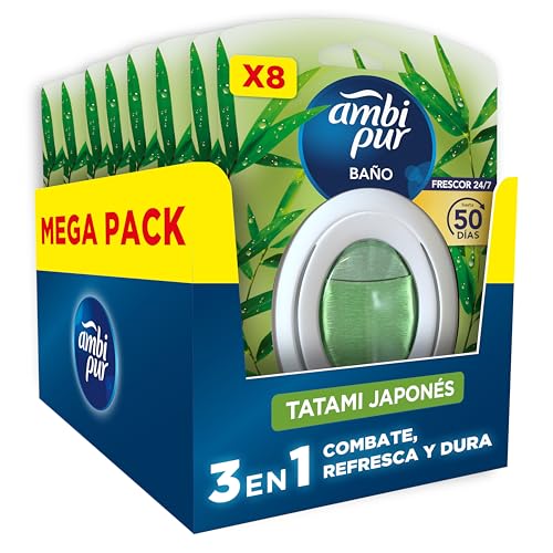 Ambipur Ambientador Para Baño, Fragancia Tatami Japones, Pack de 8 Unidades, Combate los olores y deja un aroma fresco y ligero