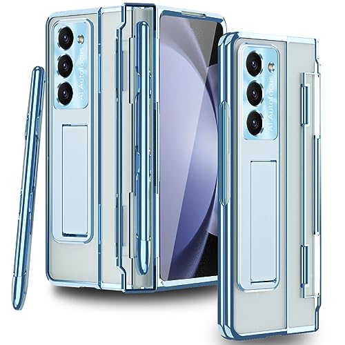Coque Galaxy Z Fold 5 transparente avec support bleu pour le bureau