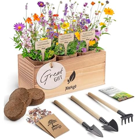 AVERGO Wildflower Seed Mix Growing Kit - Includes Perennial & Annual Wild Flowers, Burlap Planters, Soil, Wooden Box, and Gardening Tools for Indoor Garden and Patio Planting Cover