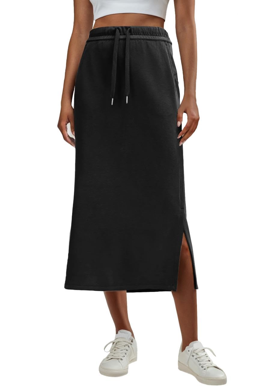 GRECERELLE Maxi gonna spessa da donna autunno inverno antirughe casual a vita alta regolabile con coulisse gonna con 2 tasche profonde e spacco laterale