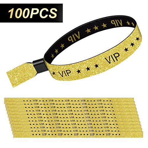 Image of 100 Pcs VIP Wristbands for Events, Premium Cloth Fabric Wrist Bands with Shimmering Lurex Jacquard Weaving, Adjustable Disposable Security Lock Bracelets for Festivals, Nightclubs and Party,Gold