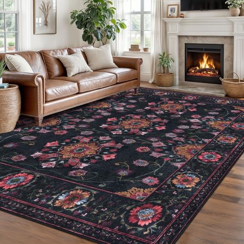 Alfasoft Modern Blue Floral 8x10 Washable Rugs, Large Rugs for