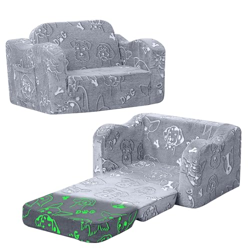 MeMoreCool Glowing Dog Print Kids Chair, 2-in-1 Foldable Kids Couch with Glow-in-the-Dark Design,...