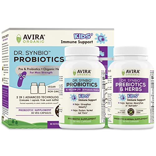Dr. Synbio Kids’ Immune Support Probiotics & Organic Prebiotics – Triphala & Chicory, 10 Billion CFU & 10 Multiple Strains, Helps Restore Normal Gut Flora & Improve Absorption, Delayed Release