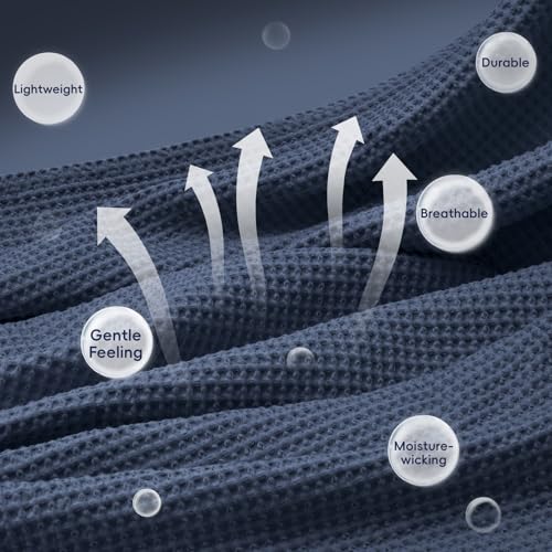 Image of PHF 100% Cotton Waffle Blanket Lightweight Breathable, Queen Size Dark Navy | Pre-washed Soft Cozy Summer Throw for Hot Sleepers, Textured Decorative Layer for Bed Couch Sofa Guest Room, Giftable