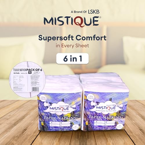 Image of MISTIQUE 2 Ply 50 Pulls Tissue Paper Napkin (Pack of 6) | Soft and Highly Absorbent | Sheet Size (33 * 33 cm)