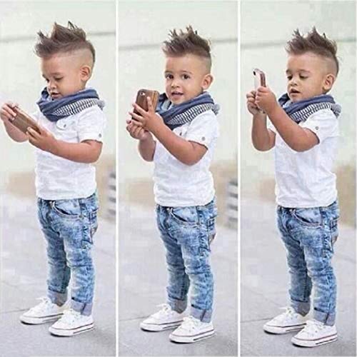 Image of MYGBCPJS 3Pcs Boy Handsome Outfit Set Plaid Shirt + T-Shirt + Suspender Jean Sets