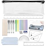 20 PCS School Stationery Set with 4 Pencils, 4 Pens, 2 Highlighters, Eraser, Sharpener, Geometry Kit with Compass, Pencil Case & Post Notes, Back to School & Exam Essentials Set, for GCSE, A-Level