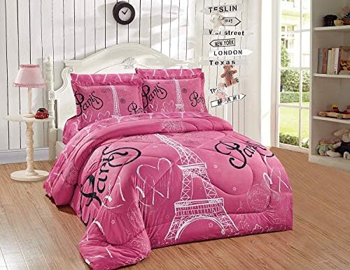 Luxury Home Collection Kids/Teens/Girls 7 Piece Full Size Comforter Bedding Set/ Bed in A Bag with Sheets Floral Paris Eiffel Tower Flowers Hearts White Pink Black (Pink, Full Comforter)