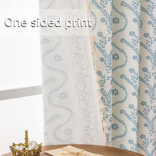 Image of Blue| Sage on White Boho Curtains 63 Inch Long for Living Room, Bedroom, 2 Panels Floral Farmhouse Vintage Tassel Semi Sheer Privacy Window Curtain Drapes with Rod Pocket