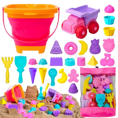 Sloosh Beach Sand Toys Set - Pink Dump Truck Car Toy with Sand Molds, Collapsible Buckets Mesh Bag Shovels Castle Ice Cream Mold for Ages Kids Toddlers Sandbox Toys Gifts Travel Vacation (Foods)