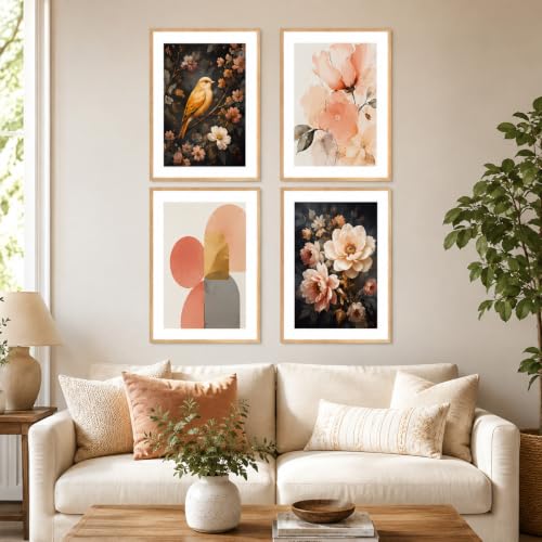 Image of Livin'luxe Set of 4 Floral Bird & Abstract Wall Paintings with Sparkle Laminate and Premium Wooden Synthetic Frame for Living Room Bedroom Office Decor (13.5 x 19.5 Inch)