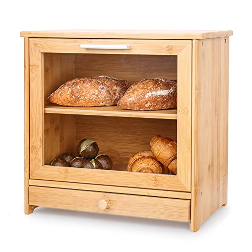 CALM COZY Boîte à Pain en Bambou pour comptoir de Cuisine, Grande Corbeille à Pain avec fenêtre Transparente, Auto-Assemblage