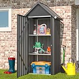 YODOLLA Gartenschrank Gartenhaus Geräteschuppen, Gartenhäuschen mit Sockel und abschließbarem Schloss, Verzinkter Stahl, 86x55x178cm, Dunkelgrau