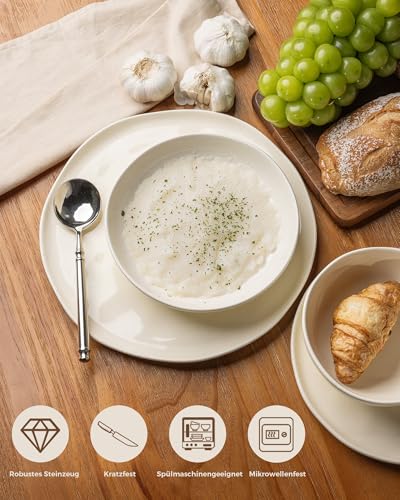 GBhome Steingut Geschirrset 6 Personen, 24-tlg Reaktive Glasur Handarbeit Geschirr Set, Mikrowellen- & Spülmaschinenfest Schüssel- und Teller Set, Gesprenkeltes Beige