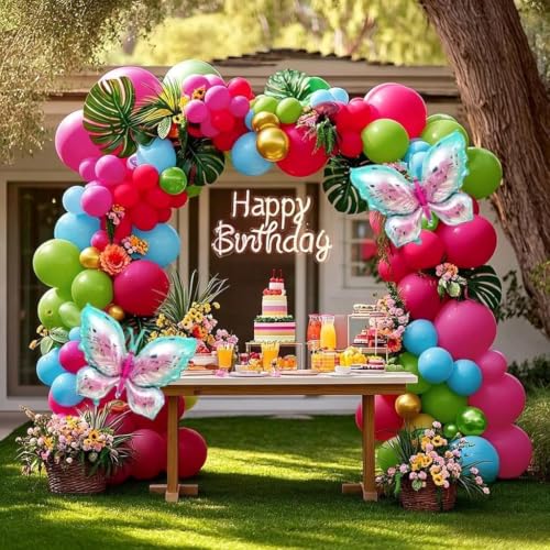 Image of Summer Balloon Arch Double Stuffed Latex Hot Pink Blue Green Gold Balloons with Pastel Butterfly Foil Balloon Garland for Tropical Flamingo Beach Hawaiian Luau Aloha Birthday Baby Shower Party Decor