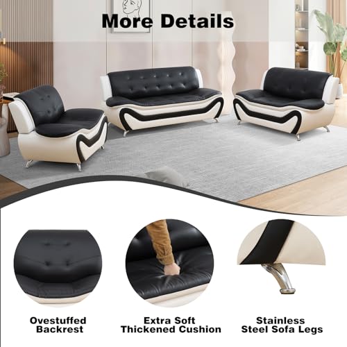 Image of Faux Leather Sofa Set, 3 Piece Living Room Furniture Set - Modern Couch Set with Loveseat & Chair, Small Space Sofa Set for Apartment, Office or Reception Room, Black & White