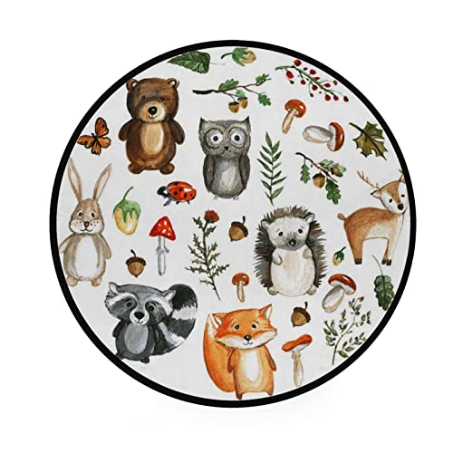Image of Vantaso Kids Round Nursery Area Rug Cute Woodland Animals 3 Ft Non Skid for Children's Bedroom Playing Room