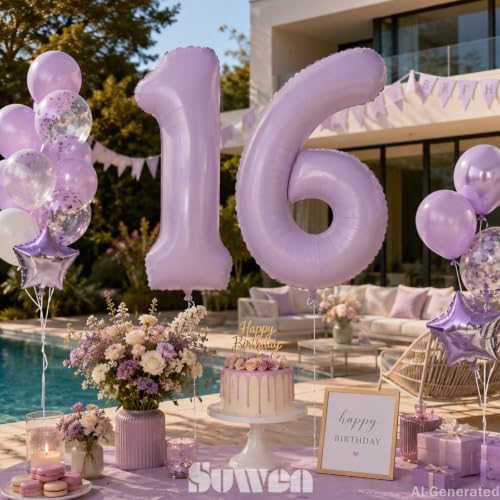 Image of SUWEN 40 Inch Light Purple Lavender Big 16 Balloon Number Foil Helium 0-9 | 16th Large Giant Birthday Huge Mylar Jumbo Happy Party 61 Anniversary Decorations
